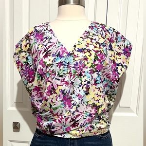 2 for $20 Tops - CAbi Faux Wrap Blouse Cap Sleeves Multi Floral Size Medium EUC